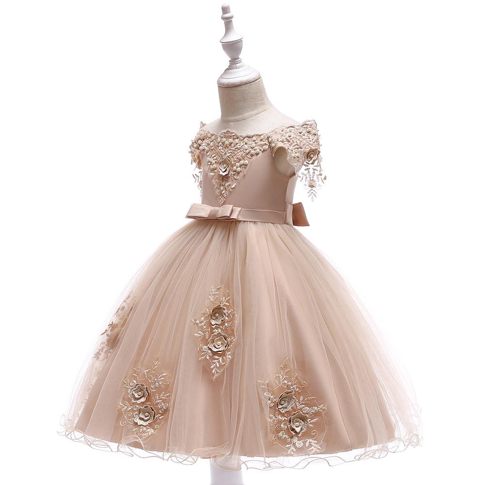 2024 One-Shoulder Puffy Princess Dress with Mesh Embroidery and Pearls for Girls