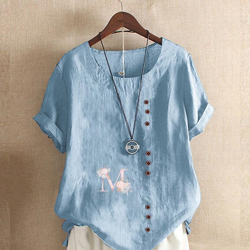 Women's Fashion Round Neck Short Sleeve T-shirt Casual Cotton Linen Graphic Shirt Leisure Loose Letter M Prined Summer Blouse Tops