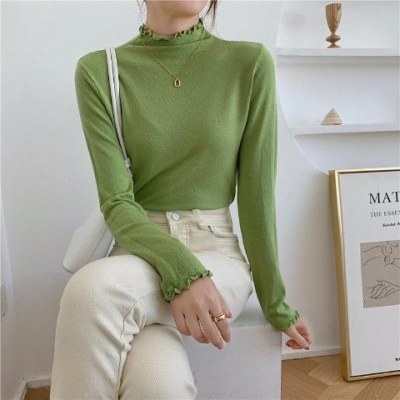 Apricot Semi-turtleneck Bottoming Shirt for Women with Autumn and Winter Fungus Edge Top, White Semi-turtleneck Core-spun Yarn Knitting