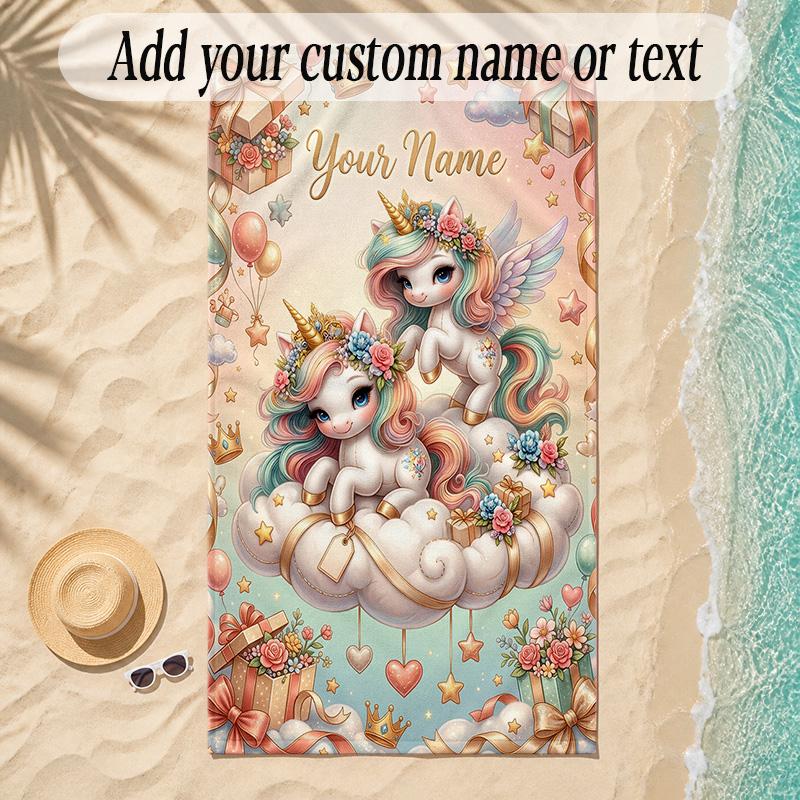 Unicorn Theme Soft Beach Towel Personalized Custom Name Text Towel Portable for Beach Pool Travel
