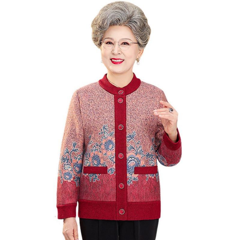 Autumn and winter round neck printed fleece thickened knitted cardigan women's loose casual jacket old and new mother outfit