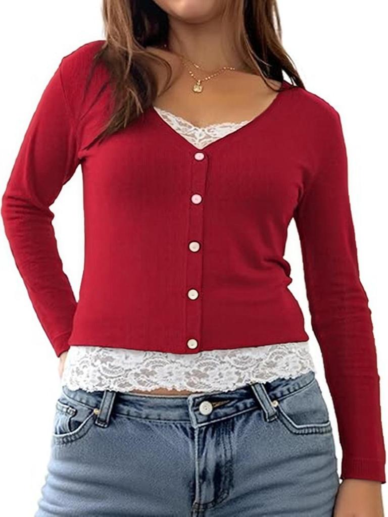 2025 Versatile V-neck Button Ribbed Lace Patchwork Long Sleeve Women's Top