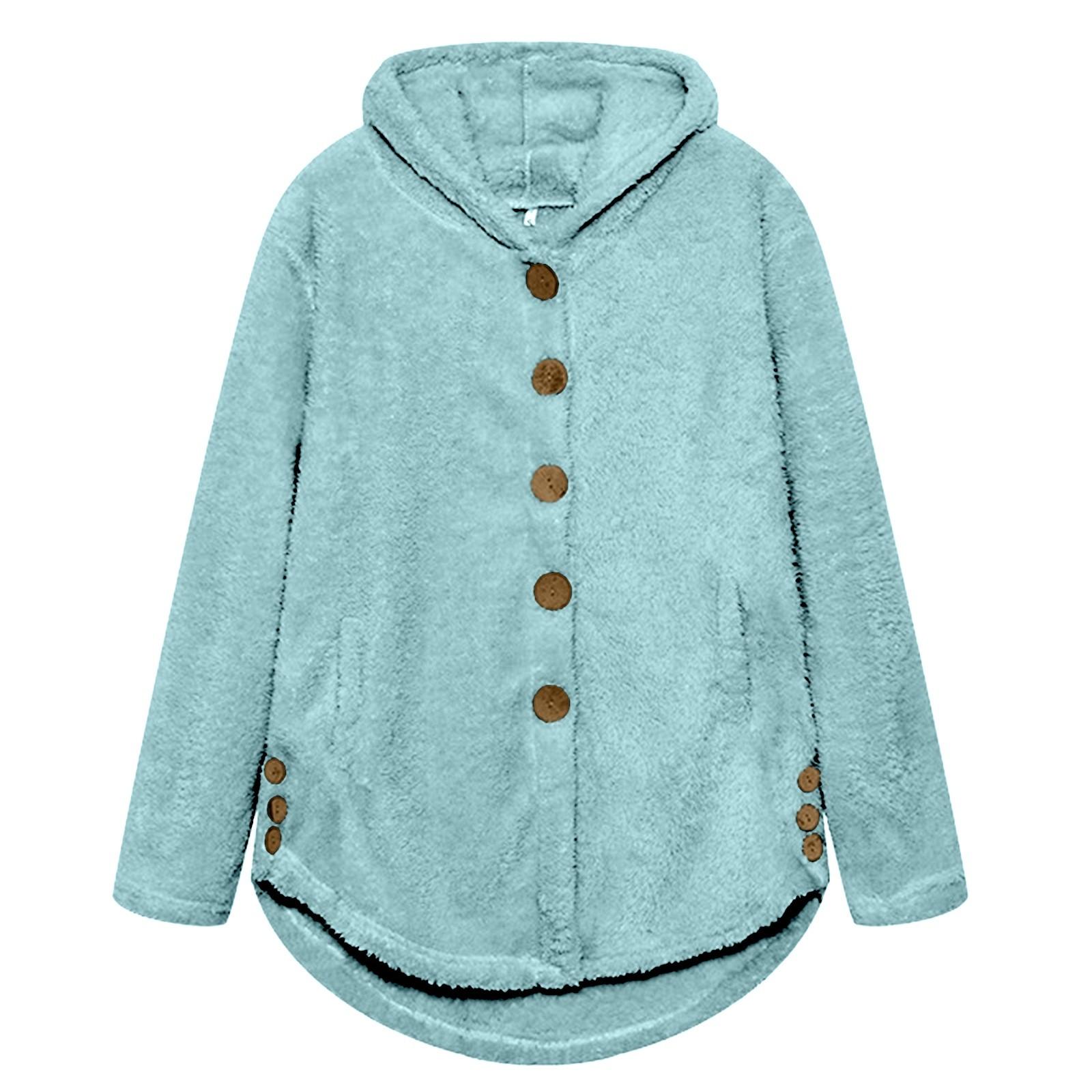

Женская свободная повседневная однотонная плюшевая куртка с капюшоном и длинными рукавами на пуговицах, модная куртка XL небесно-голубой