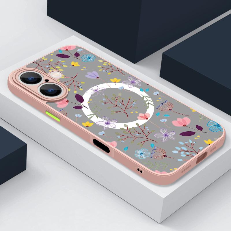 IPhone 16 Pro Max 15 14 Plus 13 12 Mini 11 7 8 Magsafe-სთვის დარტყმაგამძლე ყვავილების ნიმუში რბილი კიდეები გამჭვირვალე აკრილის მყარი გარსაცმის საფარი