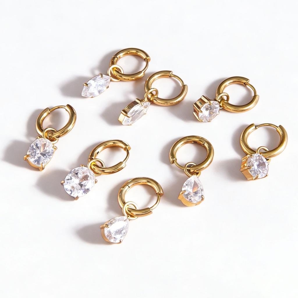 Stainless Steel Earrings Gold Plated Small Hoop with Round Pear Cut Zirconia Dangle Minimalist Elegant Earrings for Women