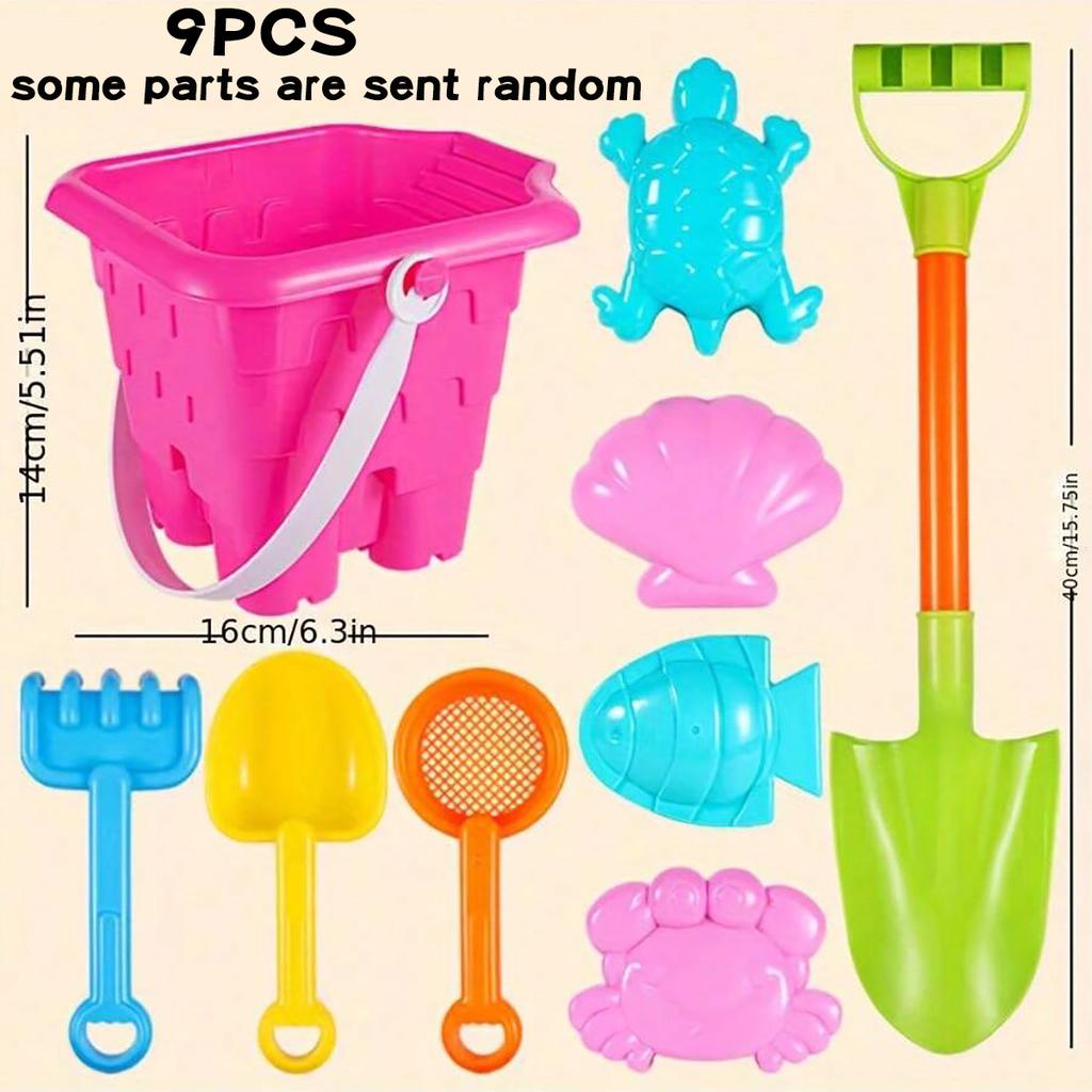 Children's beach and sandbox toy set, including a large round sandcastle bucket, sandcastle mold, and a large shovel. The colors