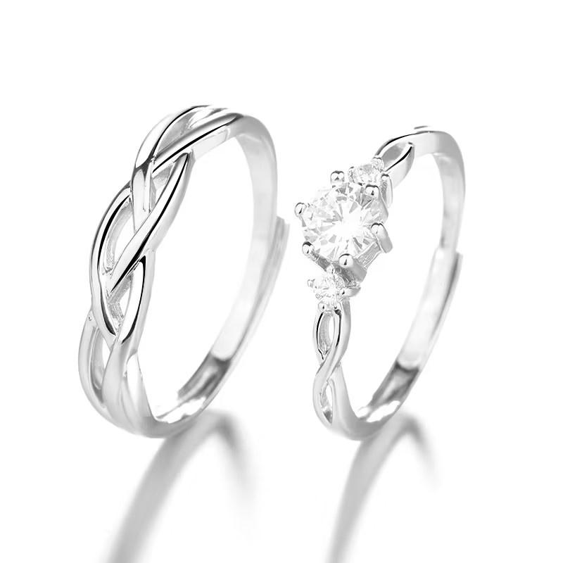 Adjustable Classic Couple Rings Set Rhodium/Gold Plated Brass Open Rings with Zircon Flower Design for Lovers