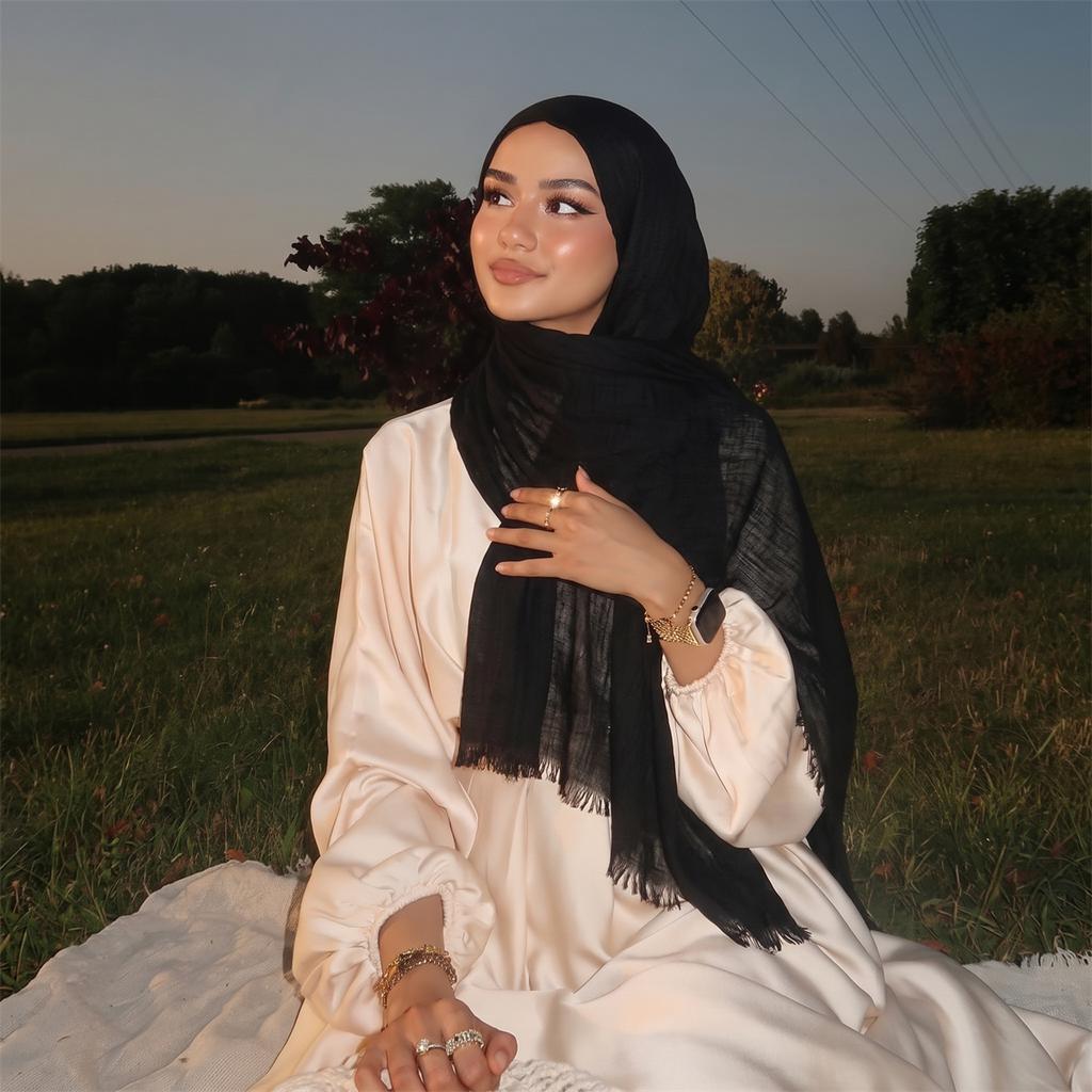 Fashion Modal Hijab Scarf for Women Soft Lightweight Crinkle Fringe Shawl Headscarf for Daily Wear Solid Turban Wrap for Daily