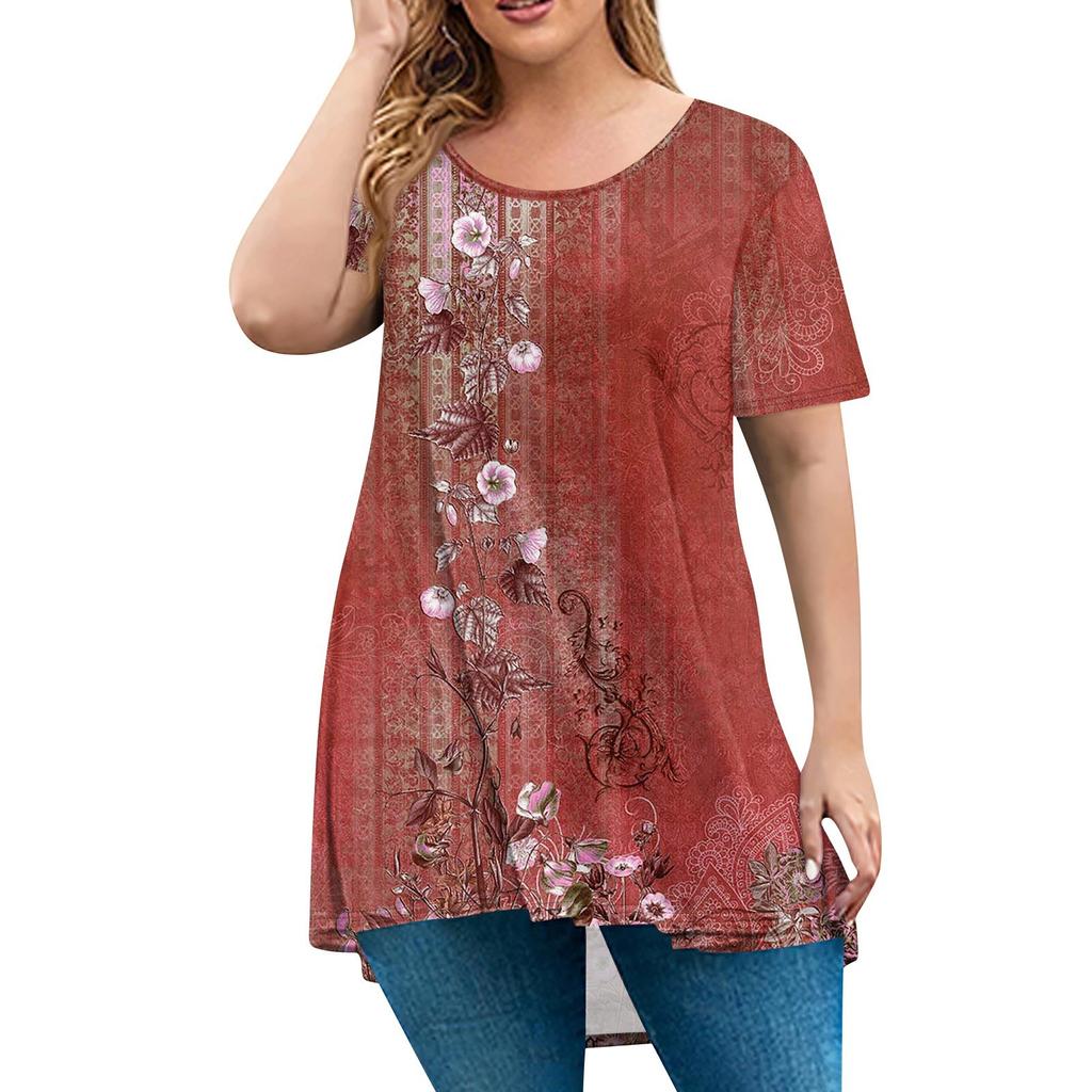 Damenmode Große Größe Rundhals Kurzarm Casual Print Lose Pullover Top