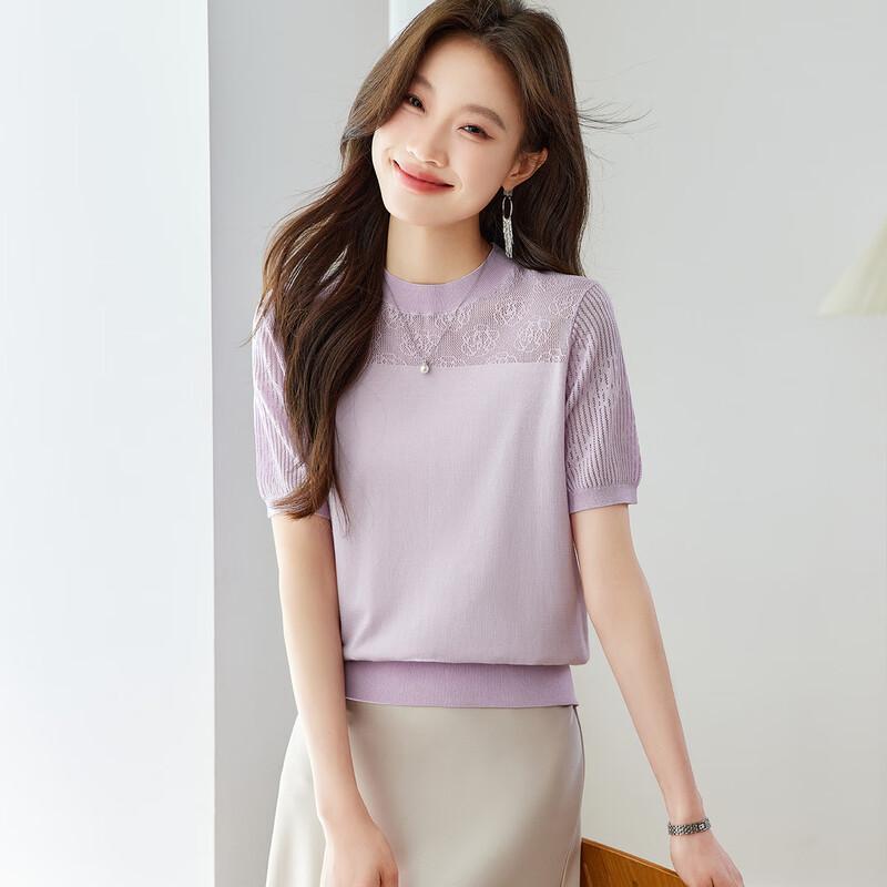 

Srcr Women s Silk Blend Lace Knit Short Sleeve Top L