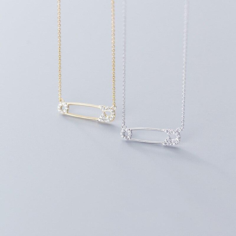 Real 925 Sterling Silver Safety Pin Necklace For Women Cubic Zirconia Pin Shape Necklaces Charms Jewelry