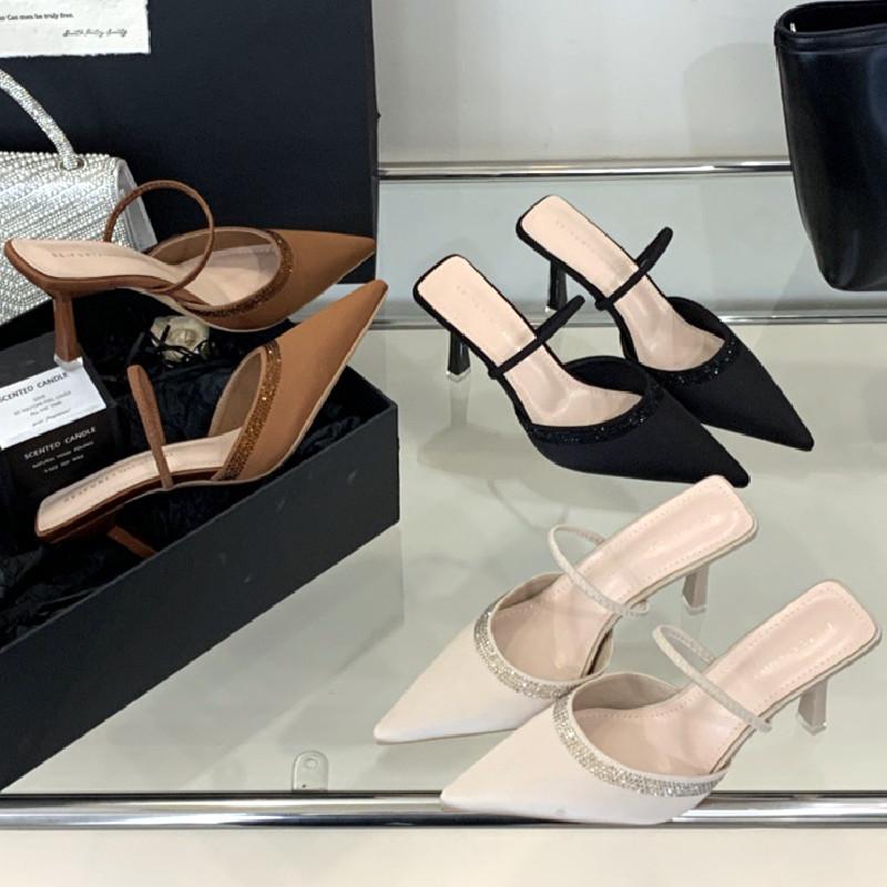 Elegant Pointed Toe Slippers for Women Summer Sexy Backless Slide Sandals Fashion Party Rhinestone Design Thin Heel Pumps Female