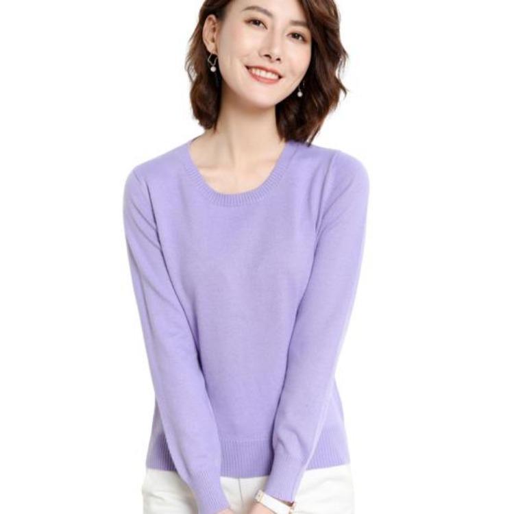 Winter Women Sweater Loose Fit Pullover Ribbed Trim Casual Knit Top Long Sleeve Crew Neck Solid Color S светло-фиолетовый