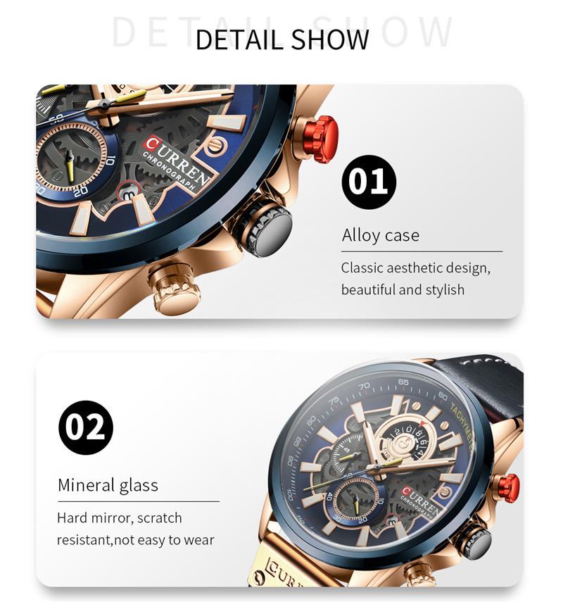 Curren 8380 Men's Waterproof Multifunctional Quartz Sports Watch with Leather Strap and Calendar