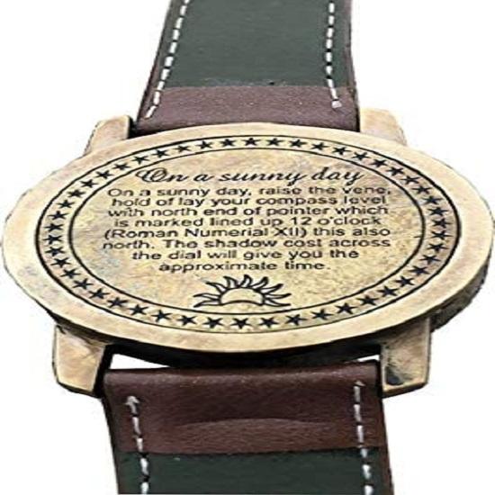 Sundial with Leather Strip, Stamped, Wrist Compass, Navigation Gift