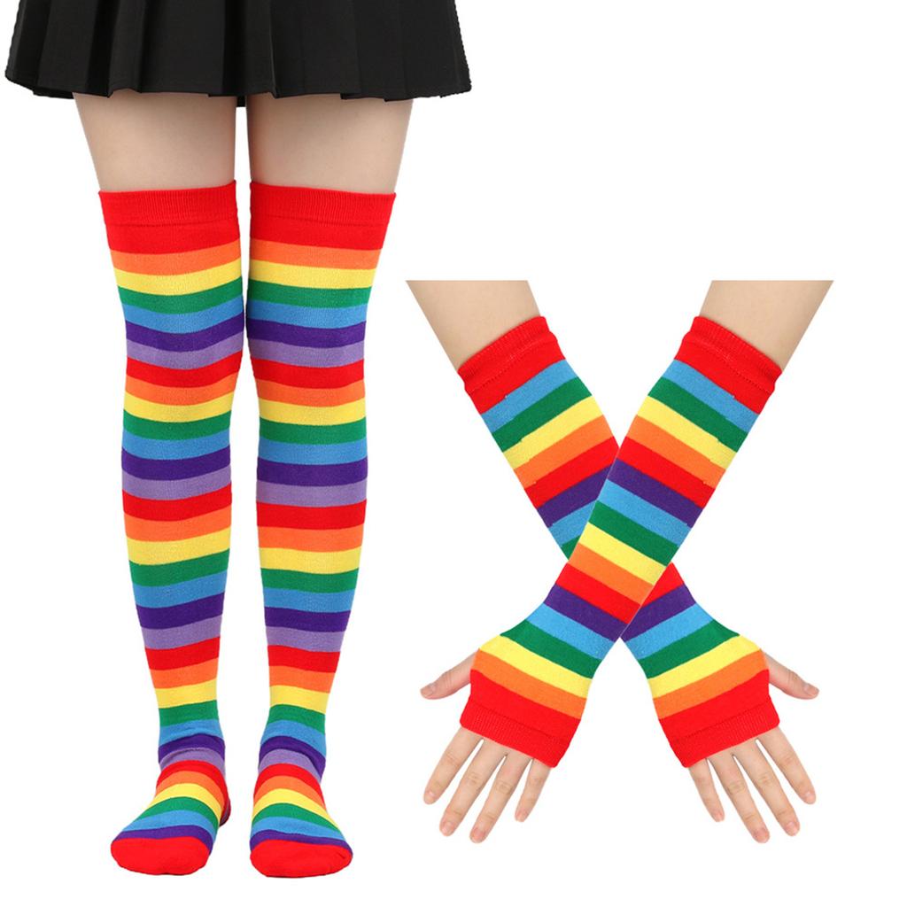 Fashion Striped Cotton Long Tube Seven Gloves + Socks Combination