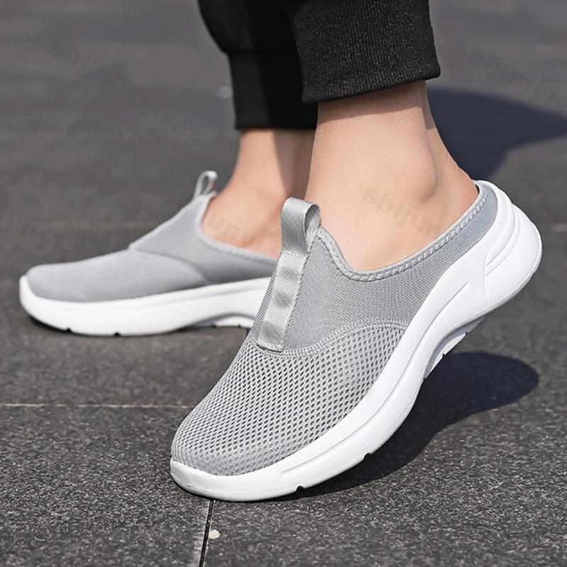 Men Casual Slippers Mesh Slip-On Solid Color Loafers Flat Slippers Summer Couple Shoes Half Slippers Plus Size Sandalias 39-48