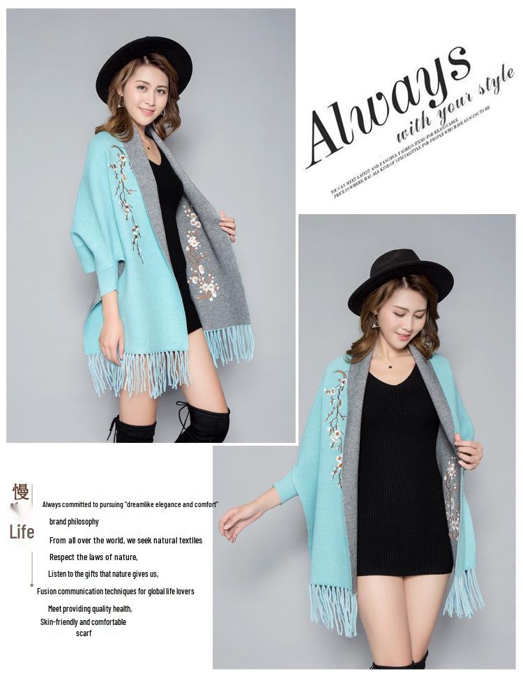 Korean Style Embroidered Shawl Cape: Versatile Knit Scarf for All Seasons