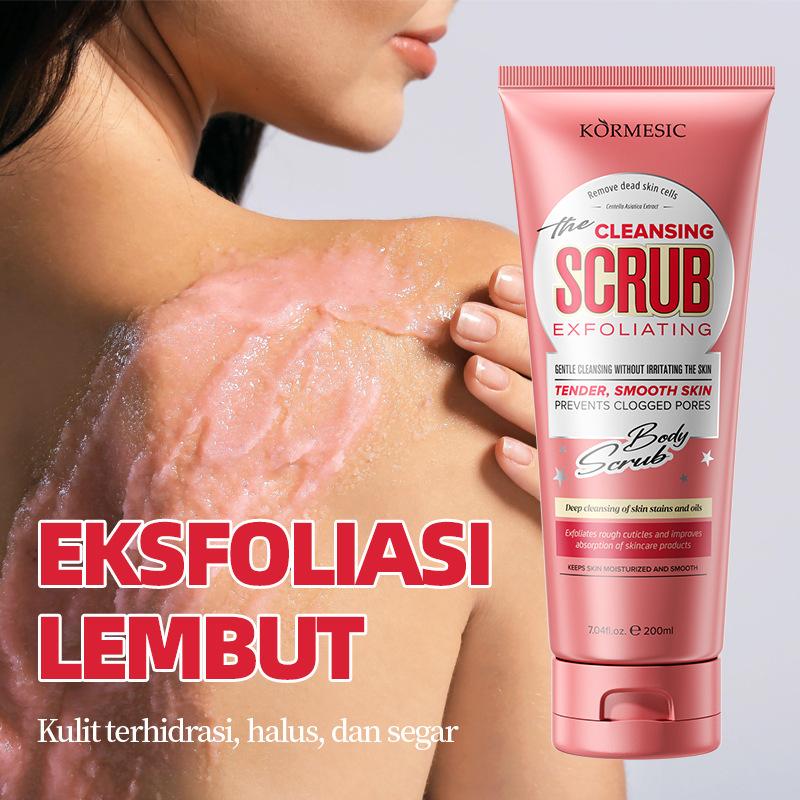 Exfoliating body scrub, deep cleansing, easy to rinse off, no residue.
