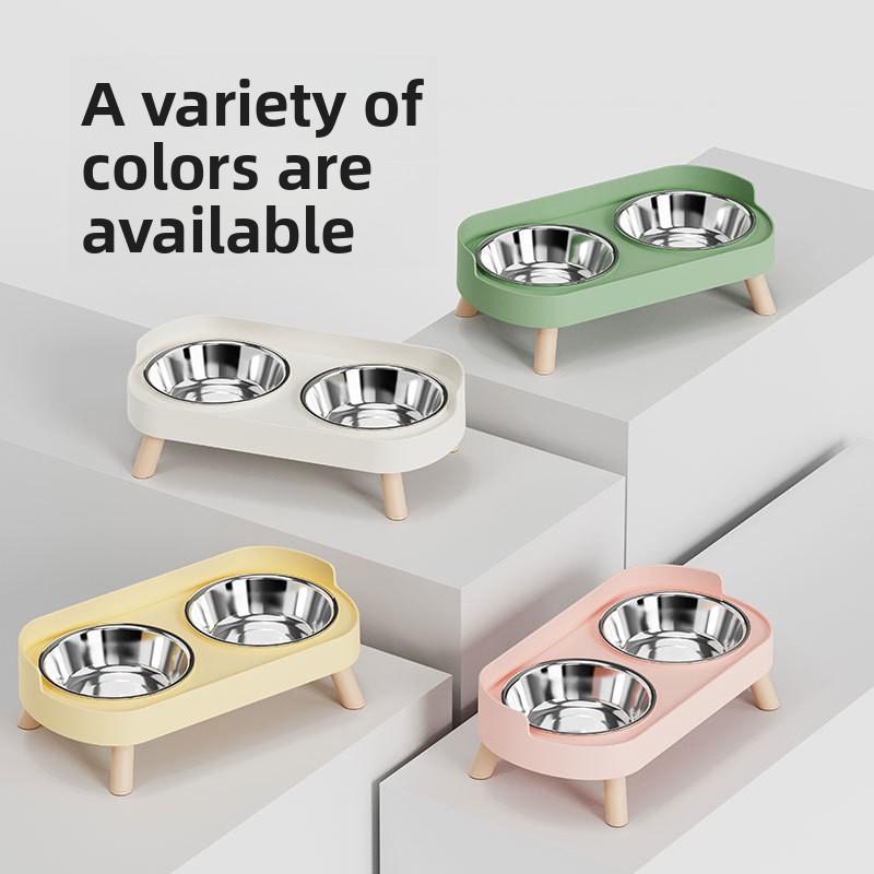 Cat Bowl, Ceramic Double Bowl, Anti-tipping Pet Bowl, Water and Food Integrated Stainless Steel Dog Bowl, Neck Guard Bowl