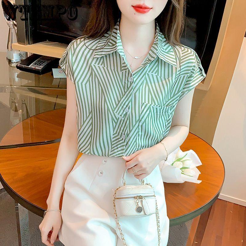 Women's Striped Shirt Summer Elegant Slimming Design Chiffon Short Sleeve Shirt