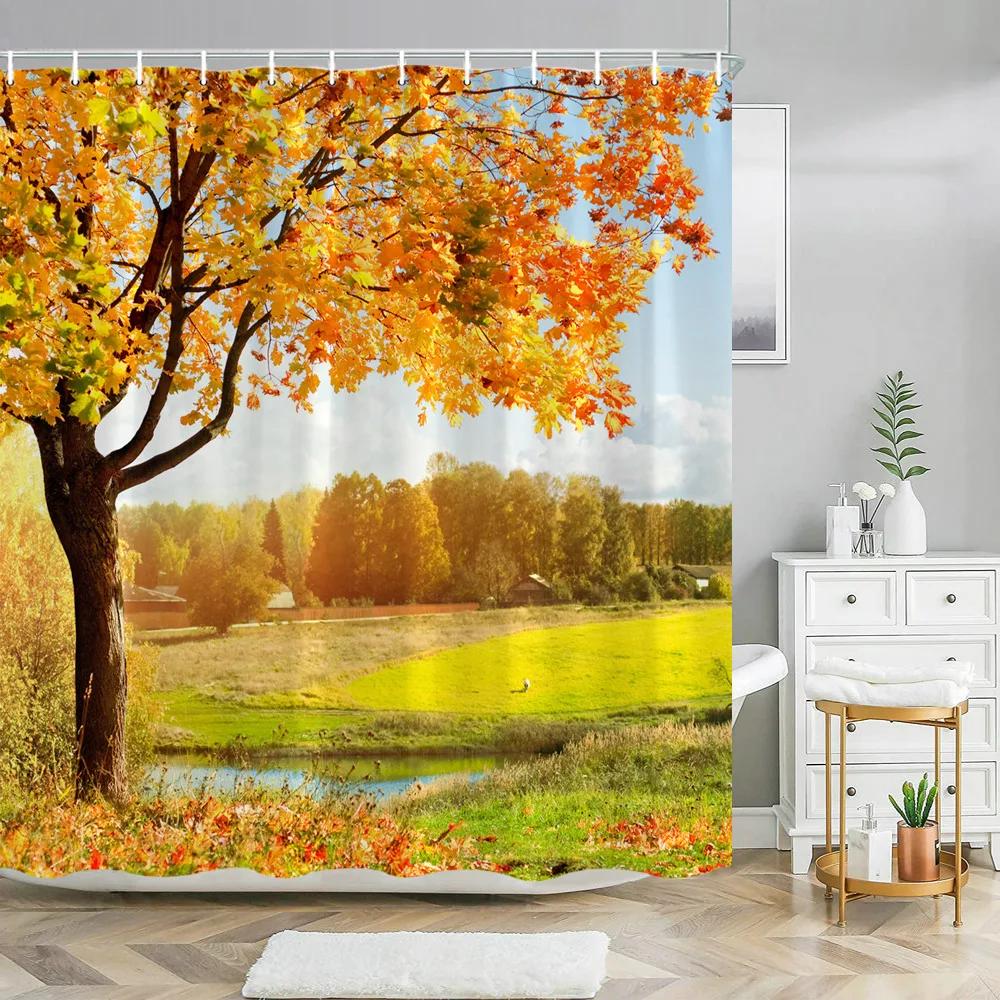 Watercolor Autumn Hanging Leaves Botanical Shower Curtain Fall Thanksgiving Bathroom Bathtubs Decor Easy Care Washable Durable