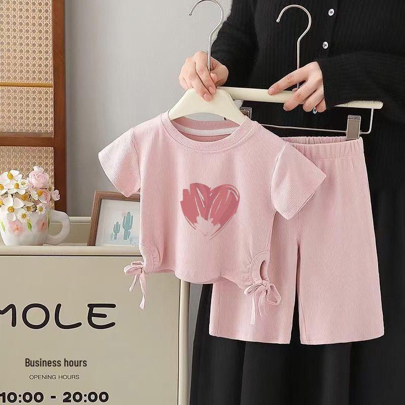 Korean Summer Girls' Sweet T-shirt & Stylish 7-Point Pants Set - Short Sleeve Children's Wear Two-Piece