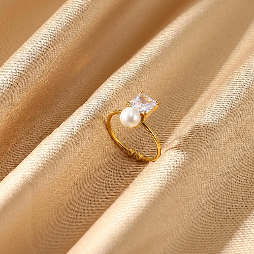 Mini Gold Color Opening Rings Cute Women Zirconia Imitation Pearl Anillos Flower Stainless Steel Ring Romantic Proposal Jewelry