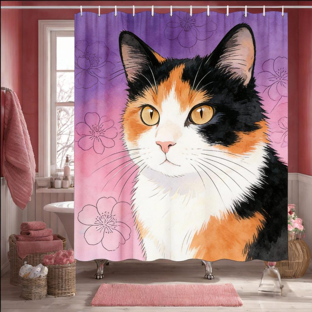Artistic Black Cat Shower Curtain 1pc – Painted Style with Vibrant Colors, Cute Pet-Themed Bath Curtain for Home and Cat Lovers