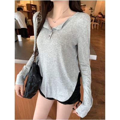 Pure Desire Grey V-neck Long Sleeve Sun Protection T-shirt for Women – Early Autumn Loose Chic Style