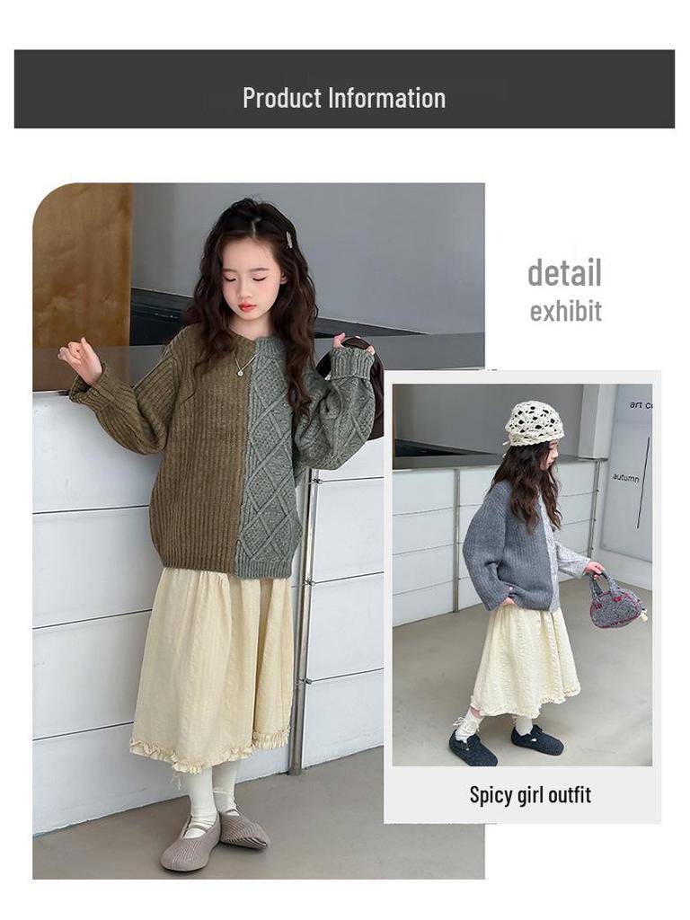 Herbst Winter 2025 Color Block Strickpullover für Mädchen - Trendiges Lazy-Style Oberteil