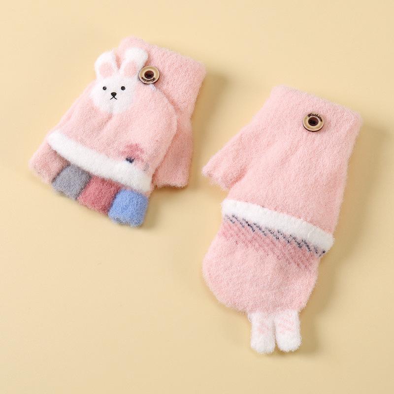Children's Flip Half Finger Gloves In Autumn and Winter Baby Children's Warmth Plus Velvet Finger Writing Gloves Thick Knitted Gloves
