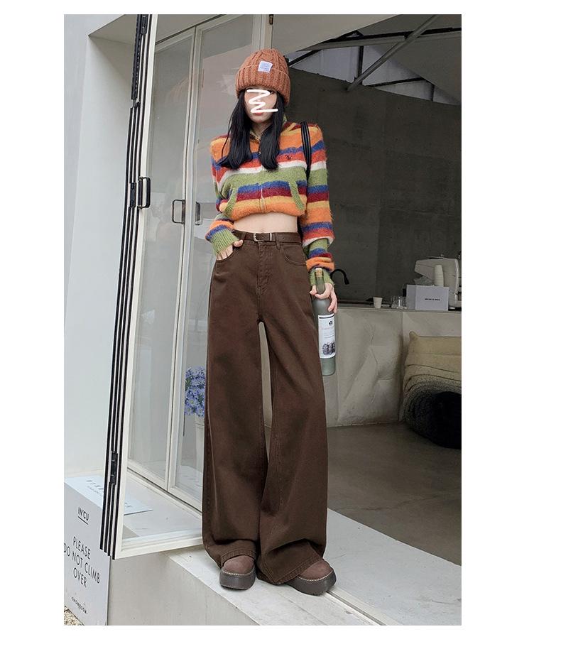 Maillard Women's Retro Brown Wide-Leg High-Waist Jeans, Plus Size, Floor-Length, Spring/Autumn 2025