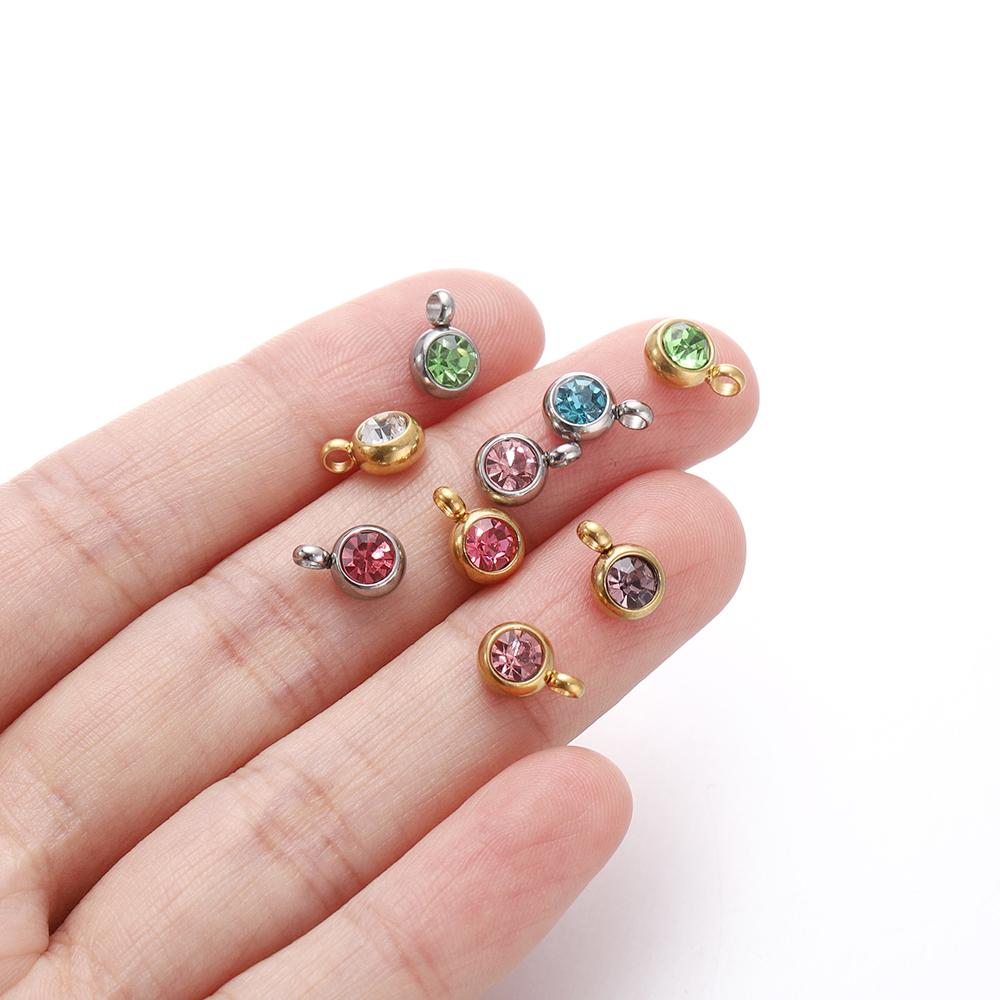 10Pcs 6mm Stainless Steel Birthstone Necklace Pendant Jewelry Making Rhinestone Charms For Women Earrings DIY Accessories Gift