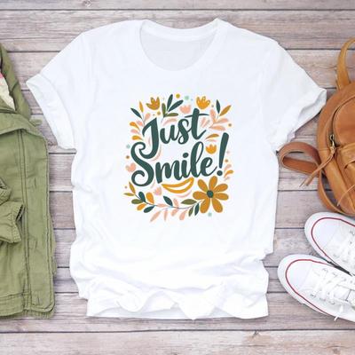 (Asian Size) Women Casual Letter Cute 90s Lovely Flower Short Sleeve T Shirt Fashion Tee Top Clothing Print Ladies Female Graphic T-shirts