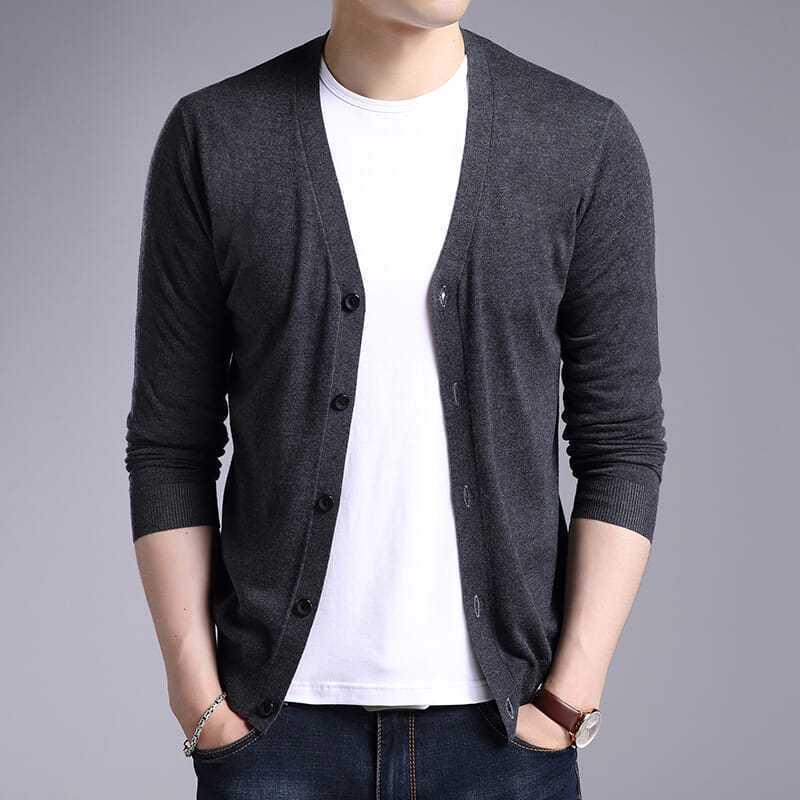 2023 Herren Koreanischer Stil Schwarzer Strick-Cardigan - Frühling/Herbst Knopfleiste Lockerer Pullover für Männer mittleren Alters
