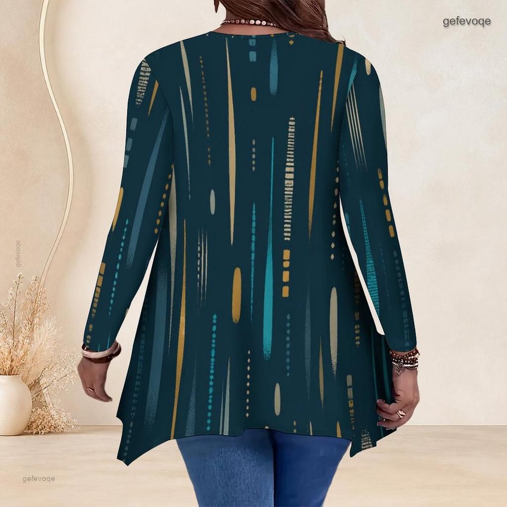 Women Plus Size V Neck Long Sleeve Printed Asymmetric Hem Flared Top