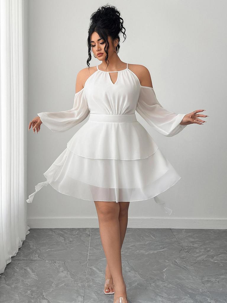 European & American Plus Size Off-the-Shoulder Ruffle Dress with Sweetheart Neckline and Lantern Sleeves