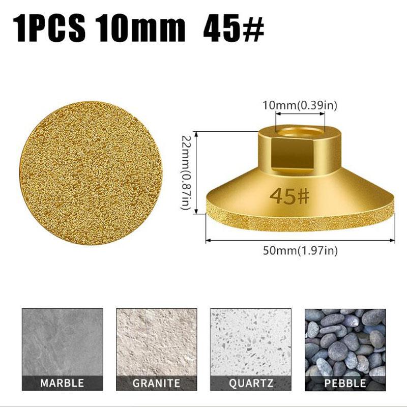 

Угловая шлифовальная головка Плоская шлифовальная головка M10 Паяная алмазная шлифовальная головка Настольная фреза для обрезки раковины Каменная плита Шлифовка мрамора 1pc 10mm 45# золотой