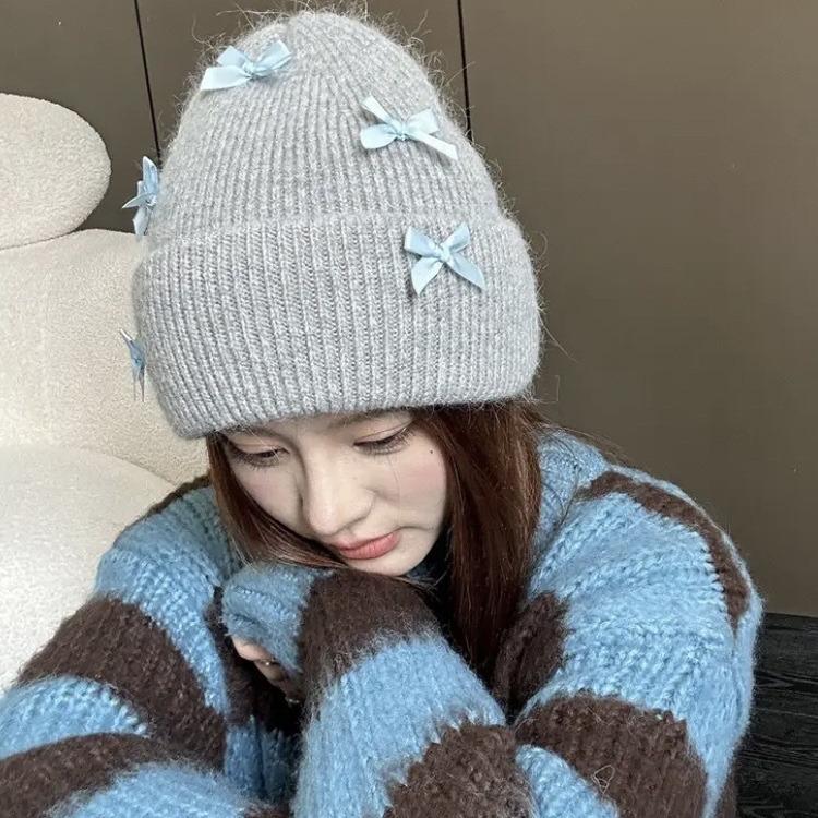 Autumn and Winter Japanese Cute Sweet Bow Rabbit Hair Blended Wool Hat Korean Style Fashionable Warm Knitted Ear Protection Cold Hat