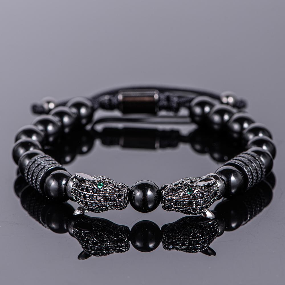 New Trend Double Leopard Head Handmade Tiger's-eye Bracelets  Accessories Handmade Men's Jewelry Pulseras Homme