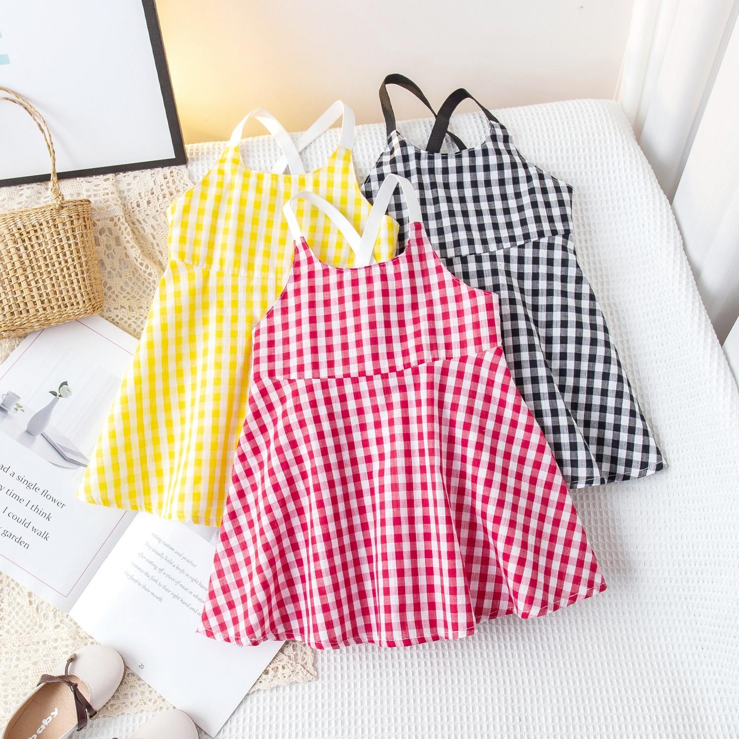 Girls Summer Cotton Plaid Sundress Casual Chic Long Strap Dress For Kids 80cm красный