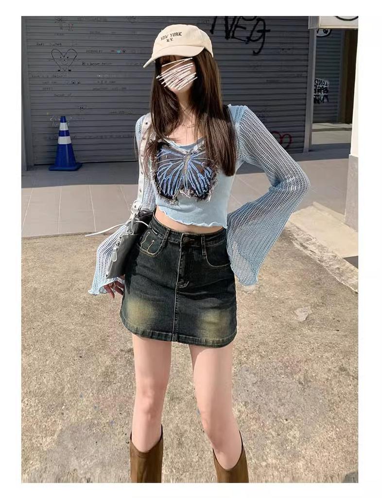 Women’s 2024 Spring High-Waisted Denim A-Line Mini Skirt, Anti-Exposure, Slimming, Hip-Hugging Design