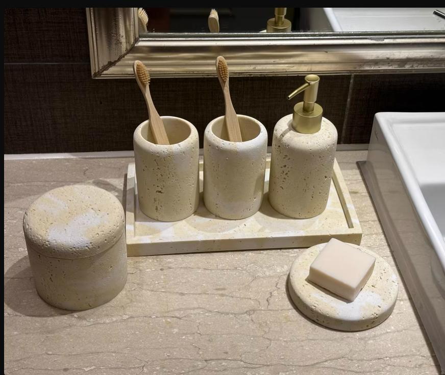 Travertin Seifenspender Seifenschale Mundspülbecher Tablett Abtropfschale Handdesinfektionsflasche Lotionflasche Badezimmer Waschen Set