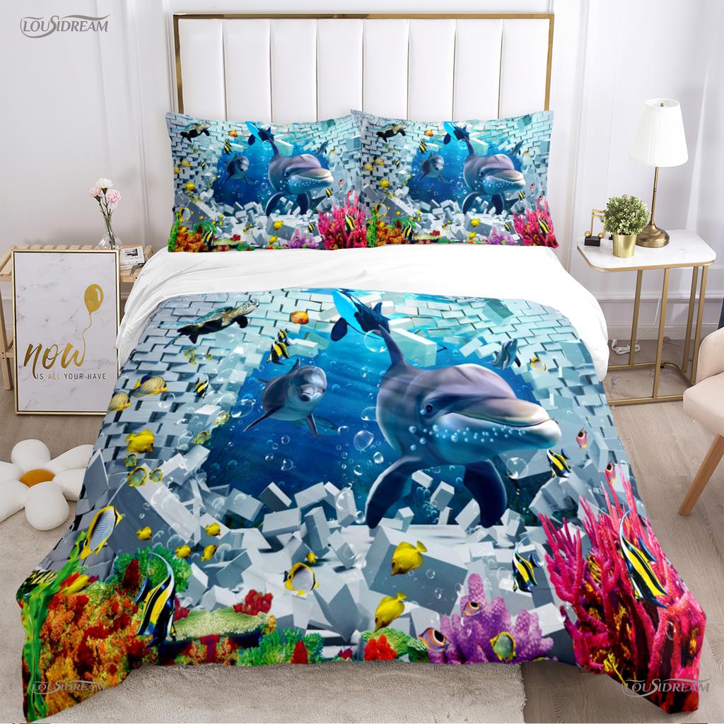 Comforter 3D Ocean World Dolphin Whale Fish Comforter Beding Set Soft And For Single/Double/Queen/King