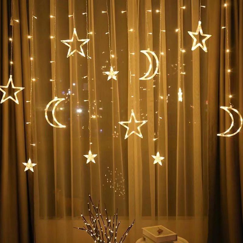 LED Star Moon Curtain String Lights with Battery & USB for Bedroom Décor