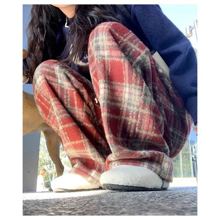 

Женские темно-синие шерстяные клетчатые брюки с высокой посадкой и широкими штанинами для осени и зимы M красный