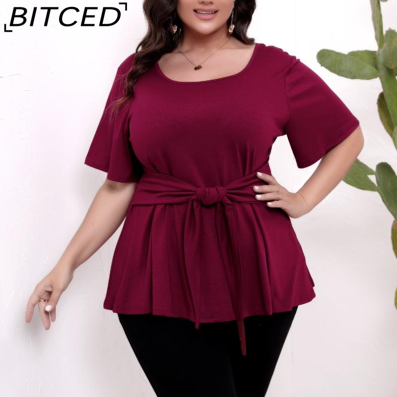 

BITCED Plus Size Women s Minimalist Short-Sleeve O-Neck Belted Slimming Top T-Shirt XXXXXL бордовий