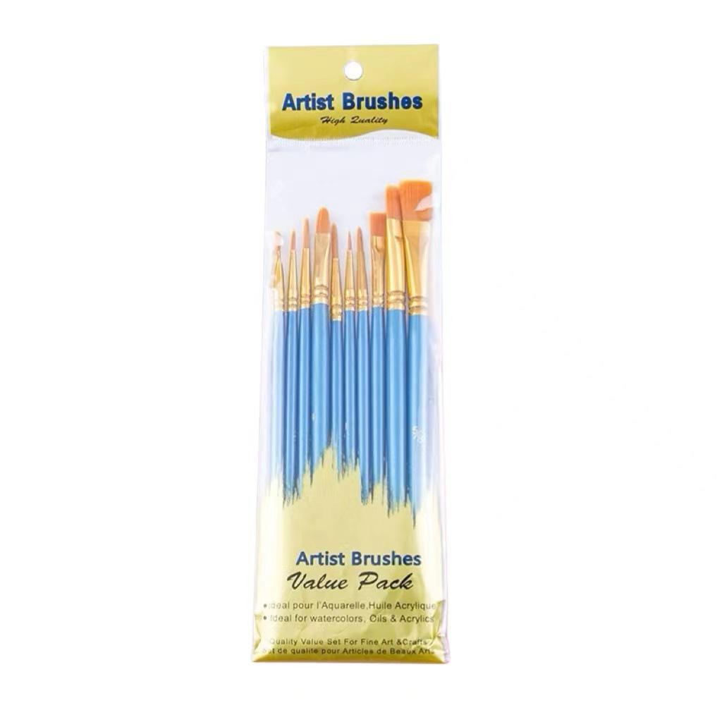 Set of 10 Nylon Bristle Oil Painting and Acrylic Liner Brushes with Plastic Handles