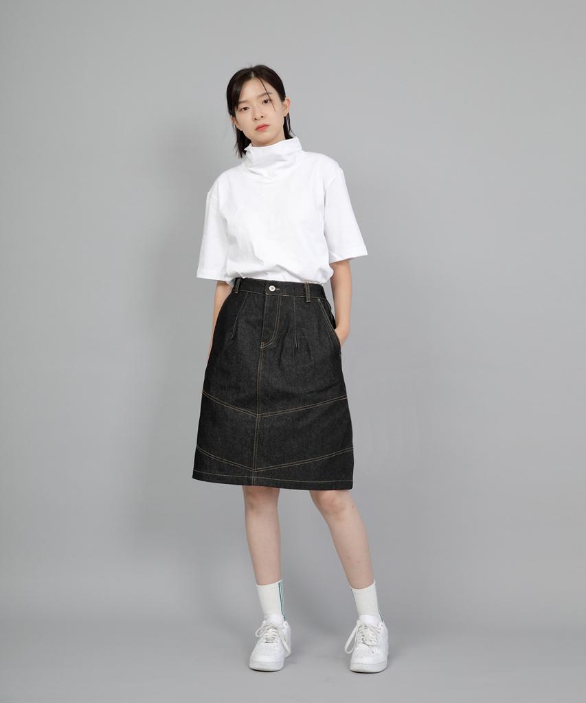 Seinteukeulu Wide Dome Half-Band Midi Skirt Wdm-1305 Black Denim Brs